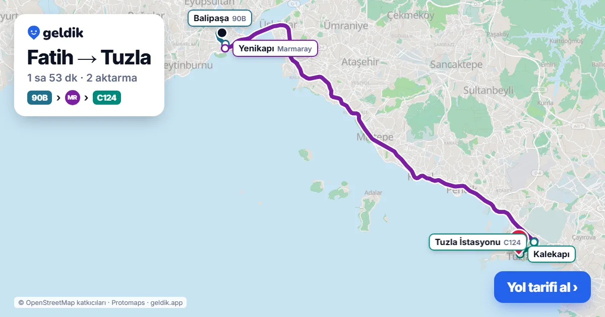 Fatih – Tuzla yol haritası: 90B otobüsü → Marmaray → C124 minibüsü ile ~1 sa 53 dk