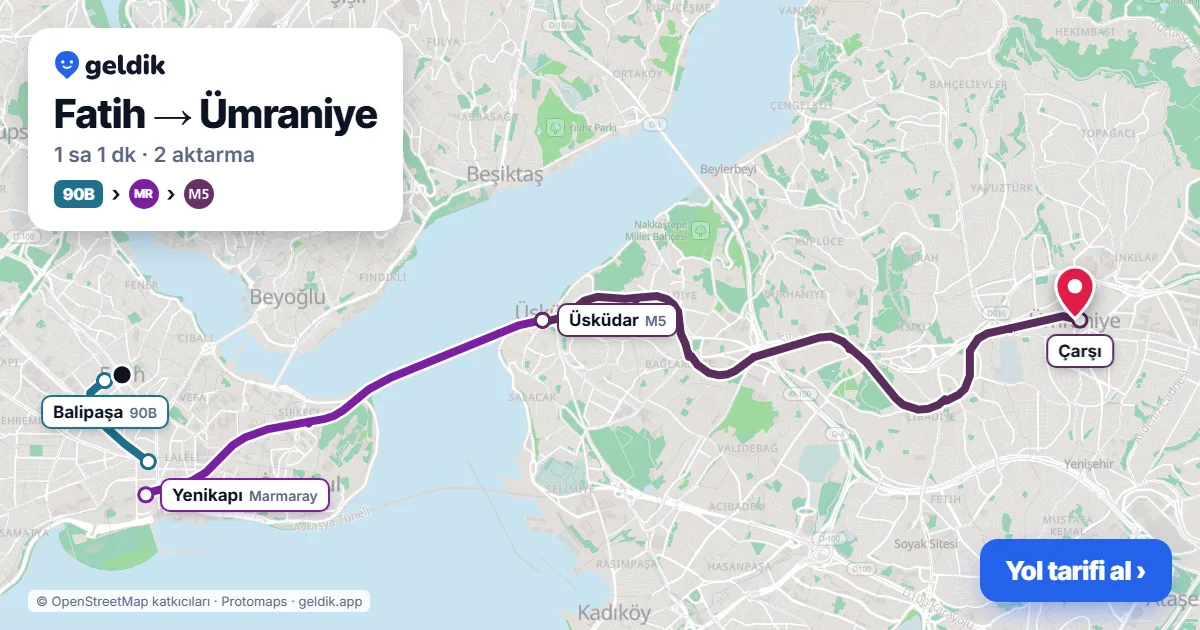 Fatih – Ümraniye yol haritası: 90B otobüsü → Marmaray → M5 ile ~1 sa 1 dk
