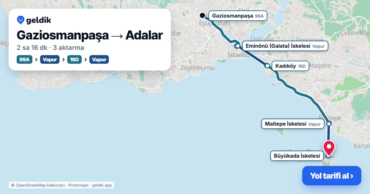 Gaziosmanpaşa – Adalar yol haritası: 88A otobüsü → Marmaray → C87 minibüsü → vapur ile ~2 sa 24 dk