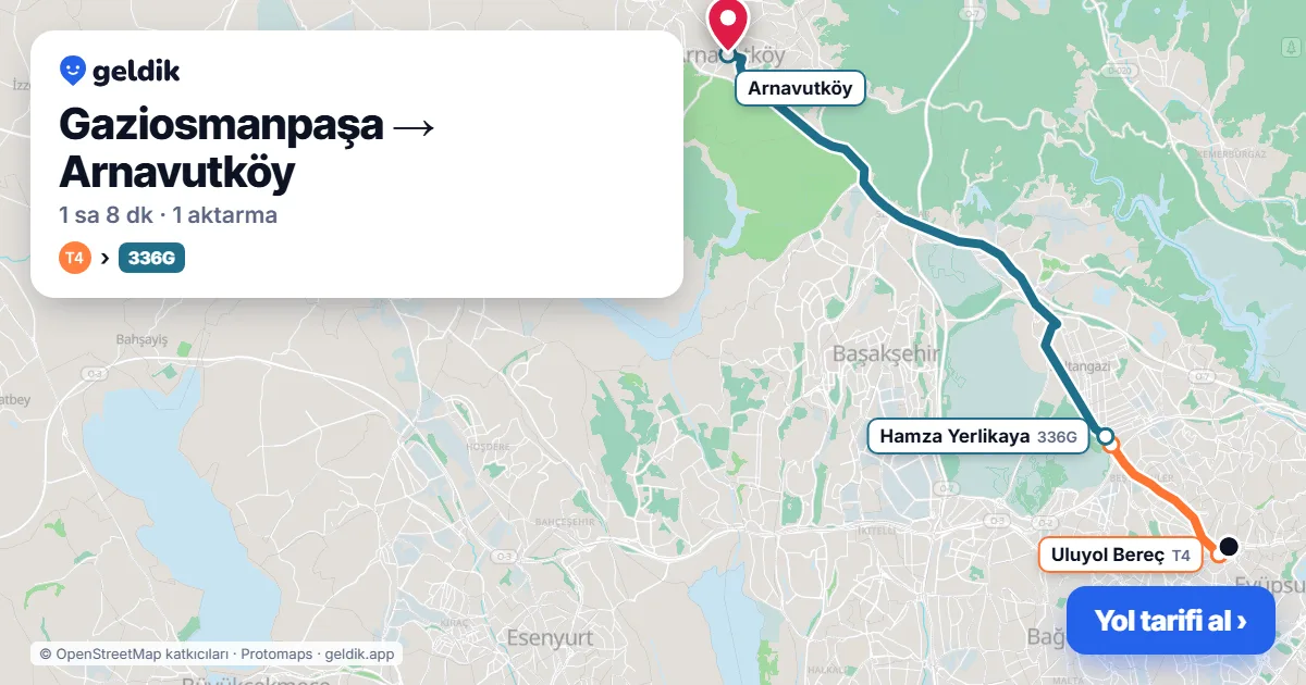 Gaziosmanpaşa – Arnavutköy yol haritası: T4 → 336G otobüsü ile ~1 sa 8 dk