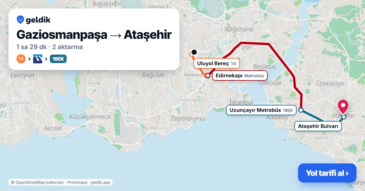 Gaziosmanpaşa – Ataşehir yol haritası: 88A otobüsü → Marmaray → 19EK otobüsü ile ~1 sa 28 dk