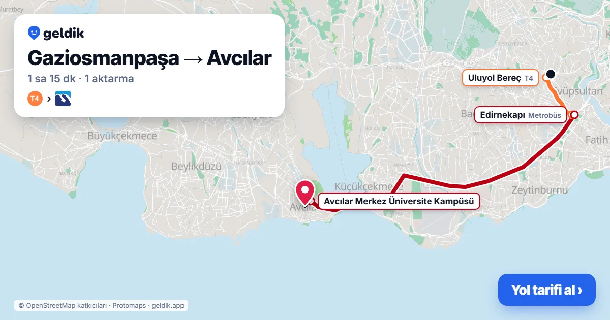 Gaziosmanpaşa – Avcılar yol haritası: T4 → Metrobüs ile ~1 sa 15 dk
