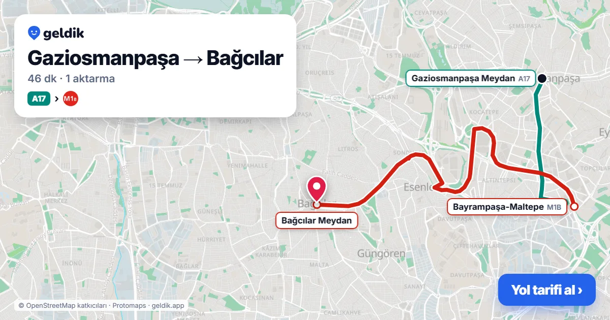 Gaziosmanpaşa – Bağcılar yol haritası: A17 minibüsü → M1B ile ~46 dk