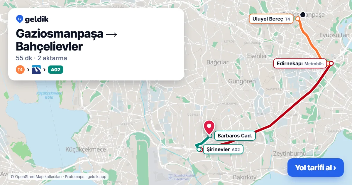 Gaziosmanpaşa – Bahçelievler yol haritası: T4 → Metrobüs → A02 minibüsü ile ~55 dk