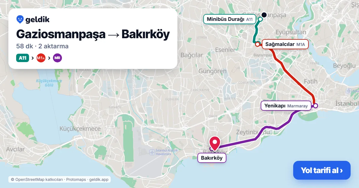 Gaziosmanpaşa – Bakırköy yol haritası: A11 minibüsü → M1A → Marmaray ile ~58 dk