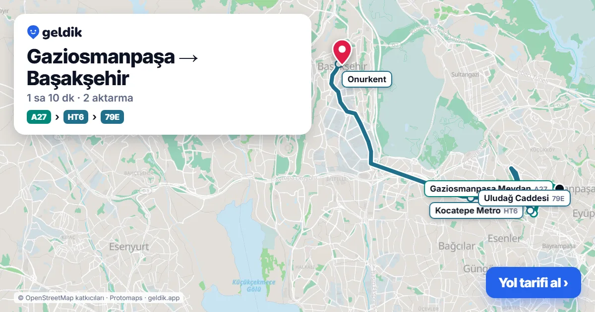 Gaziosmanpaşa – Başakşehir yol haritası: A27 minibüsü → HT6 otobüsü → 79E otobüsü ile ~1 sa 10 dk