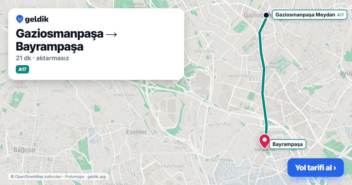 Gaziosmanpaşa – Bayrampaşa yol haritası: A17 minibüsü ile ~21 dk