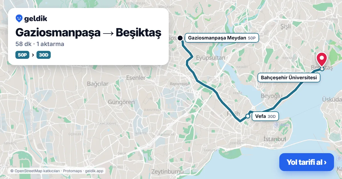 Gaziosmanpaşa – Beşiktaş yol haritası: T4 → Metrobüs → 40B otobüsü ile ~1 sa
