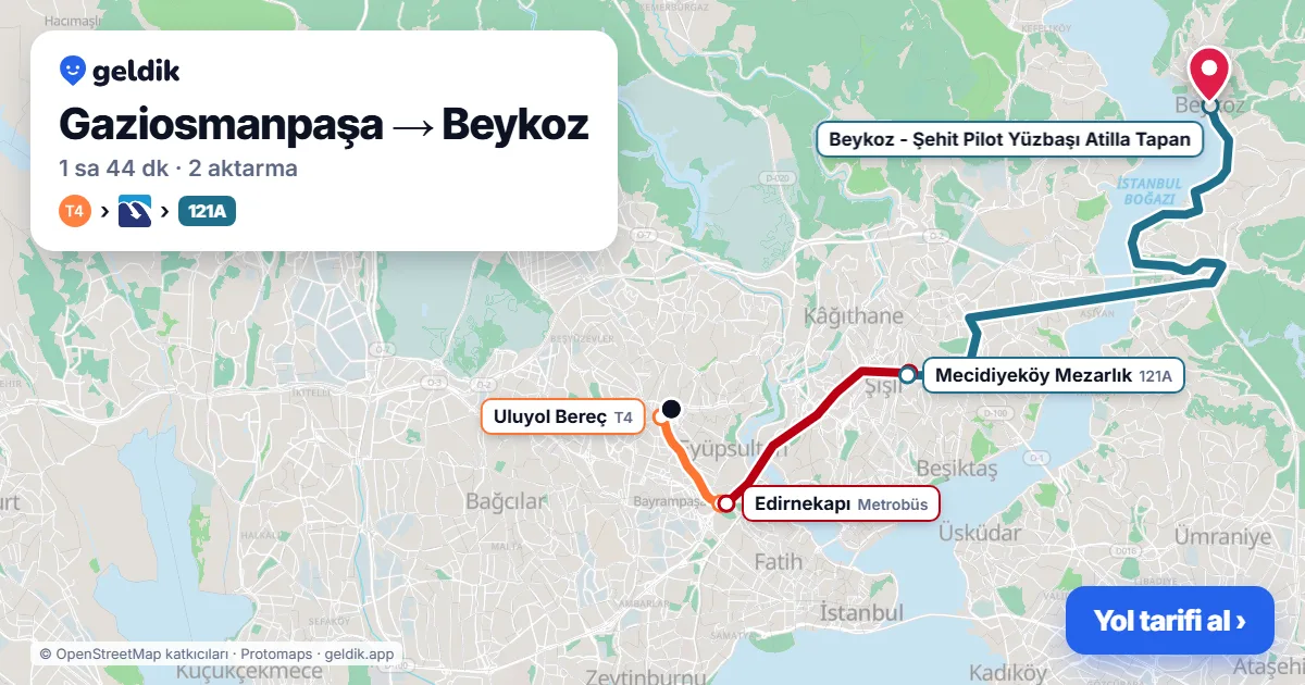 Gaziosmanpaşa – Beykoz yol haritası: T4 → Metrobüs → 121A otobüsü ile ~1 sa 44 dk