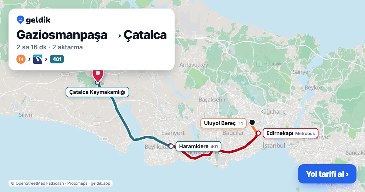 Gaziosmanpaşa – Çatalca yol haritası: T4 → Metrobüs → 401 otobüsü ile ~2 sa 12 dk