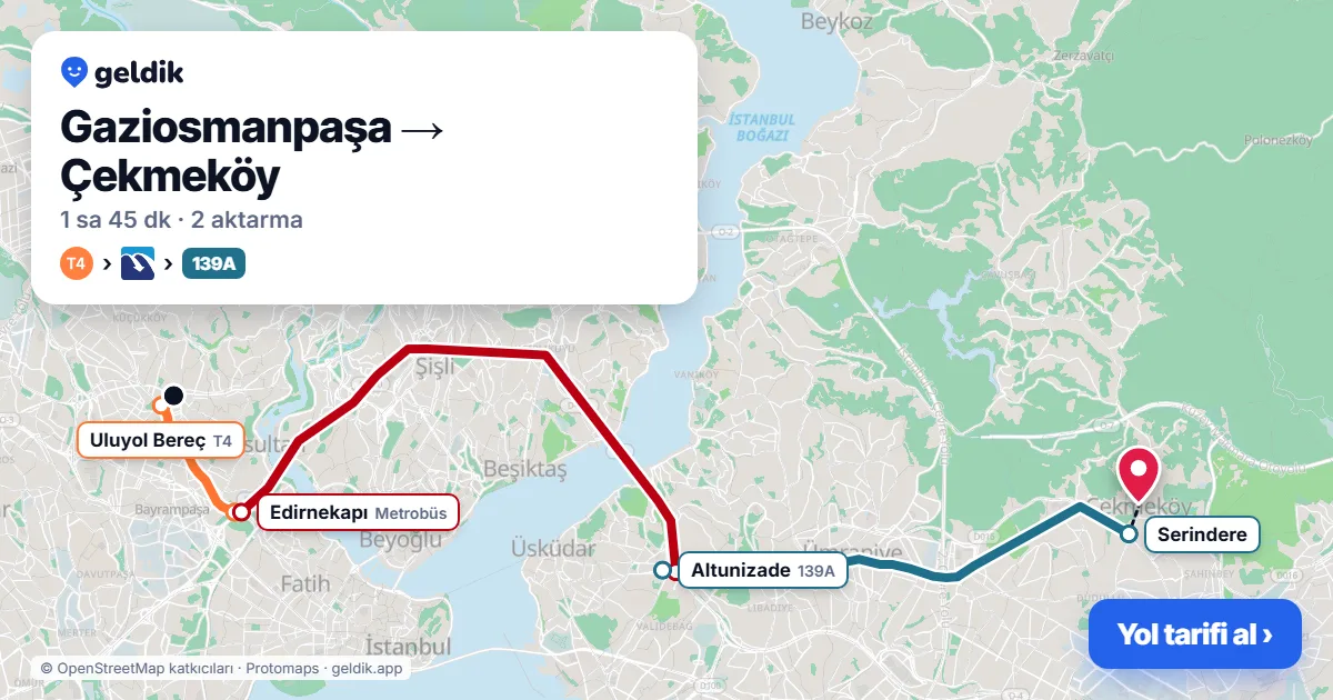 Gaziosmanpaşa – Çekmeköy yol haritası: T4 → Metrobüs → 522 otobüsü → 11A otobüsü ile ~1 sa 39 dk