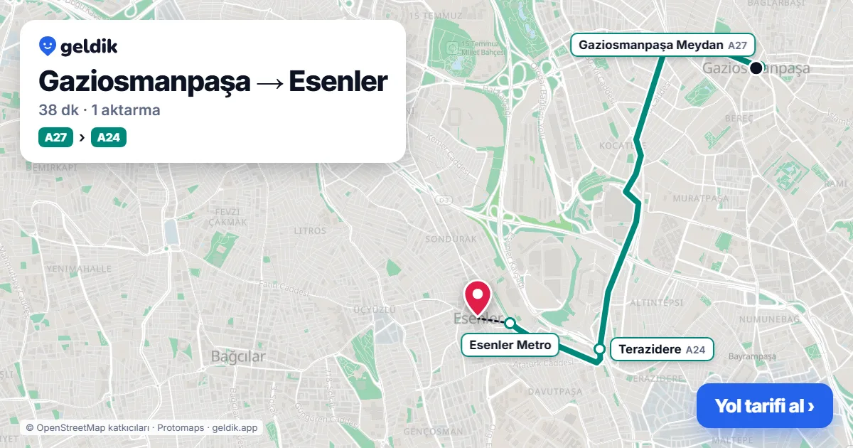 Gaziosmanpaşa – Esenler yol haritası: A27 minibüsü → A24 minibüsü ile ~38 dk
