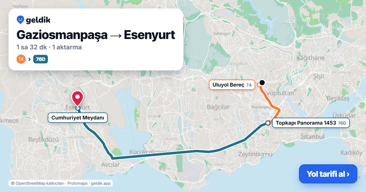 Gaziosmanpaşa – Esenyurt yol haritası: T4 → 76D otobüsü ile ~1 sa 32 dk