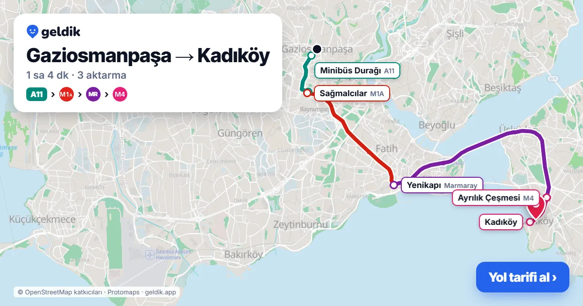 Gaziosmanpaşa – Kadıköy yol haritası: A11 minibüsü → M1A → Marmaray → M4 ile ~1 sa 4 dk