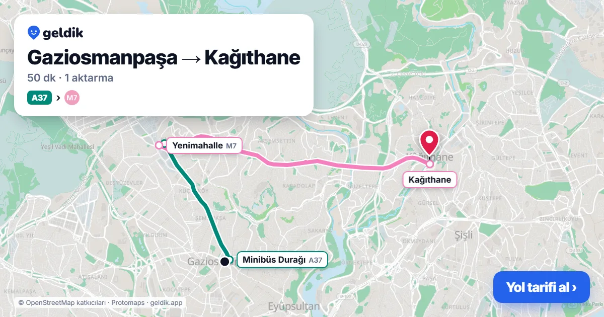 Gaziosmanpaşa – Kağıthane yol haritası: A37 minibüsü → M7 ile ~50 dk