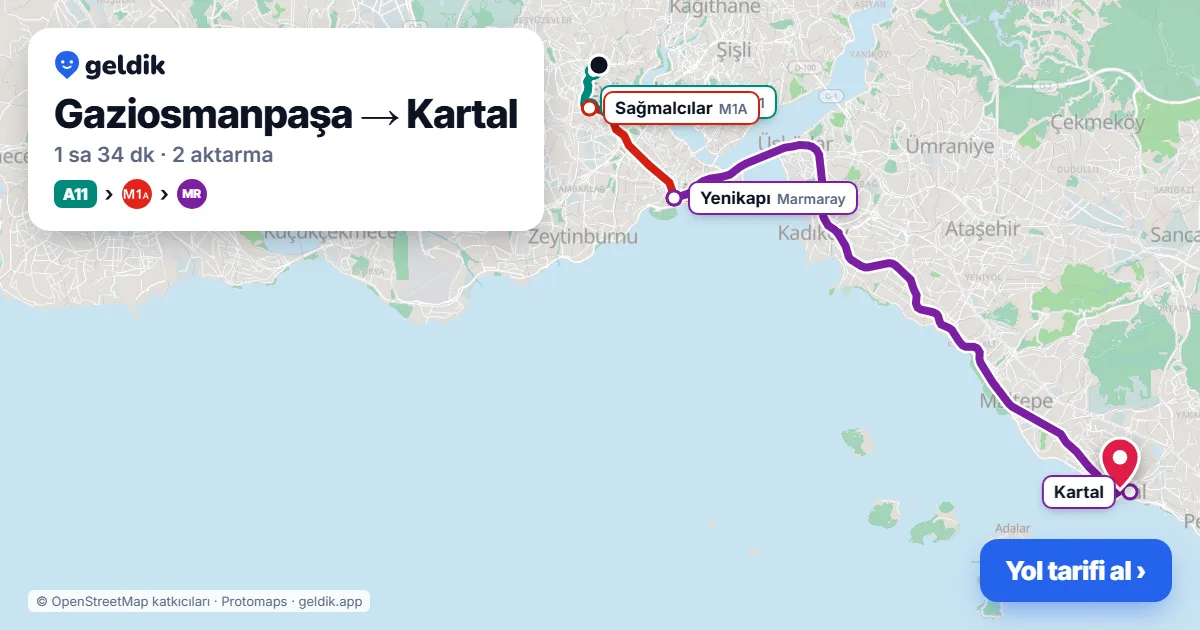 Gaziosmanpaşa – Kartal yol haritası: A11 minibüsü → M1A → Marmaray ile ~1 sa 34 dk