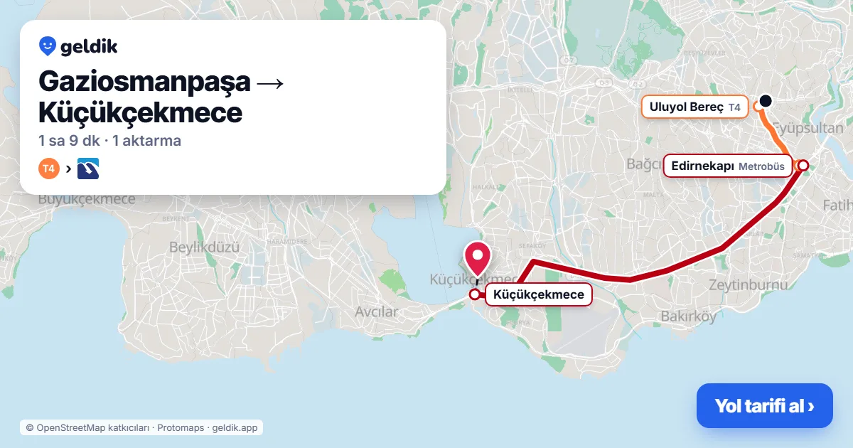 Gaziosmanpaşa – Küçükçekmece yol haritası: T4 → Metrobüs ile ~1 sa 9 dk