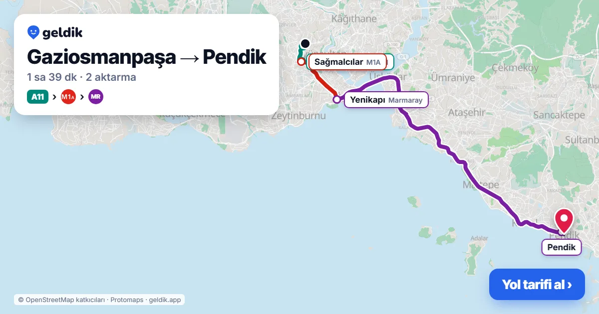 Gaziosmanpaşa – Pendik yol haritası: A11 minibüsü → M1A → Marmaray ile ~1 sa 39 dk