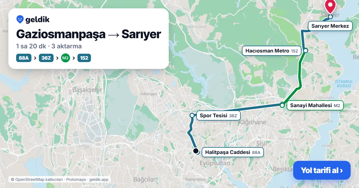 Gaziosmanpaşa – Sarıyer yol haritası: 88A otobüsü → 36Z otobüsü → M2 → 152 otobüsü ile ~1 sa 20 dk