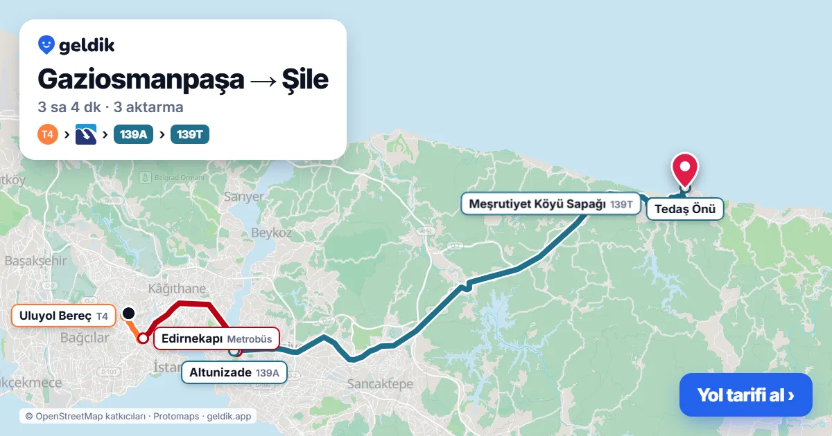 Gaziosmanpaşa – Şile yol haritası: 88A otobüsü → Marmaray → 139A otobüsü → 139T otobüsü ile ~3 sa 3 dk