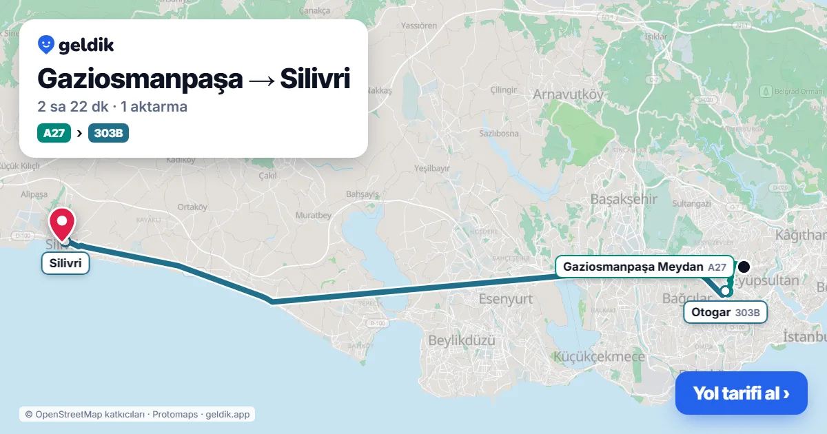 Gaziosmanpaşa – Silivri yol haritası: A27 minibüsü → 303B otobüsü ile ~2 sa 22 dk