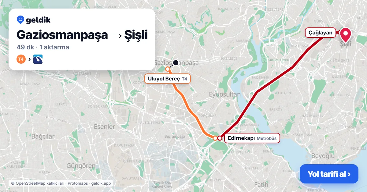 Gaziosmanpaşa – Şişli yol haritası: T4 → Metrobüs ile ~49 dk