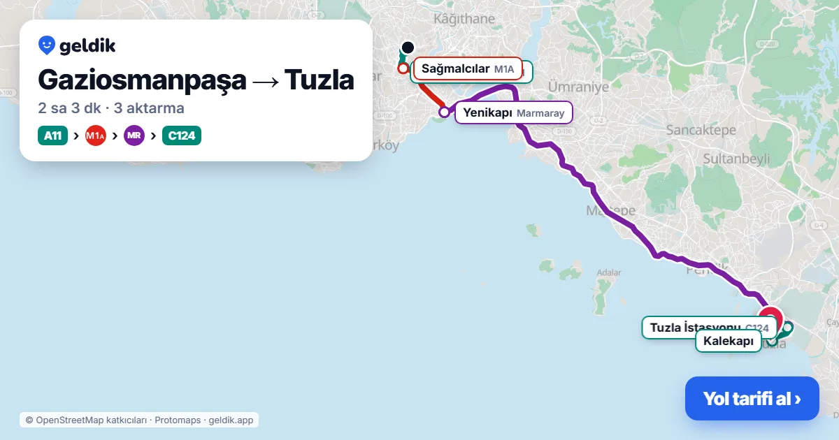 Gaziosmanpaşa – Tuzla yol haritası: A11 minibüsü → M1A → Marmaray → C124 minibüsü ile ~2 sa 3 dk