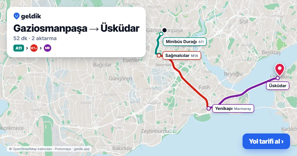 Gaziosmanpaşa – Üsküdar yol haritası: A11 minibüsü → M1A → Marmaray ile ~52 dk
