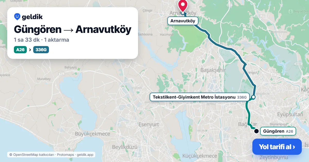 Güngören – Arnavutköy yol haritası: A26 minibüsü → 336G otobüsü ile ~1 sa 33 dk