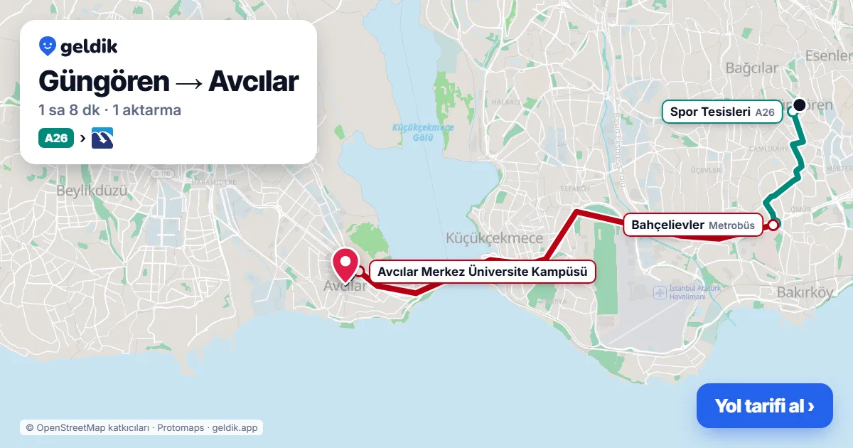Güngören – Avcılar yol haritası: A26 minibüsü → Metrobüs ile ~1 sa 8 dk