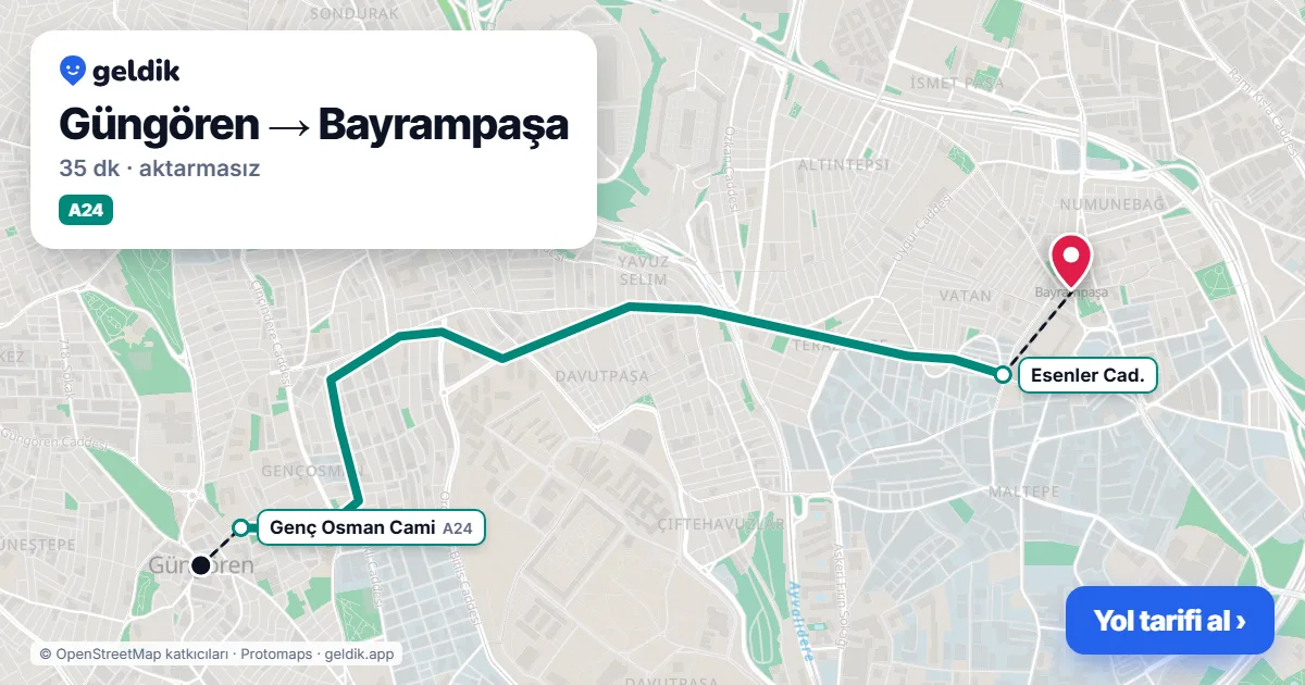 Güngören – Bayrampaşa yol haritası: A24 minibüsü ile ~35 dk