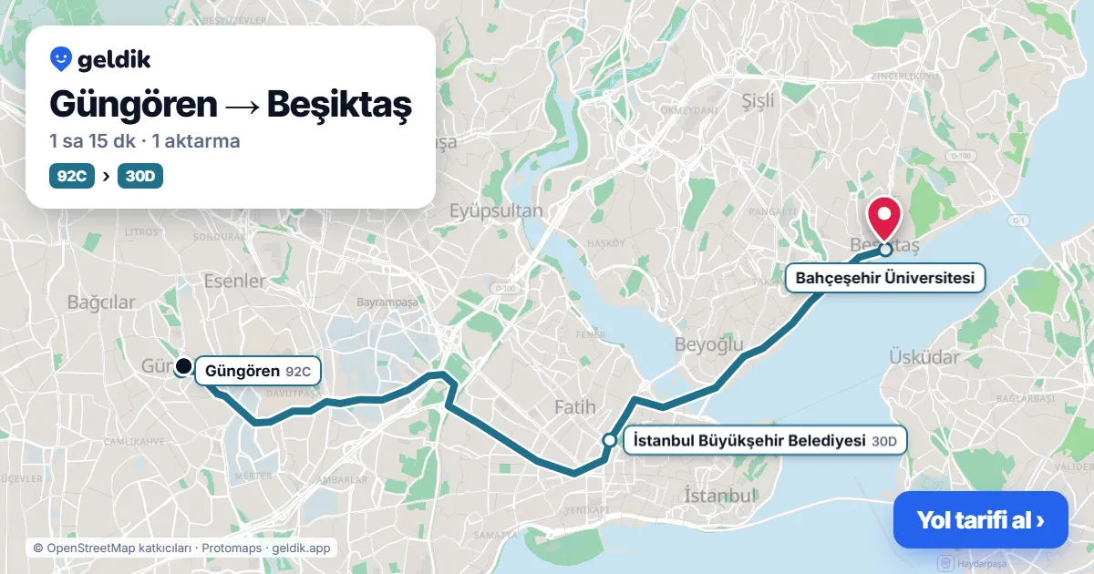 Güngören – Beşiktaş yol haritası: 92C otobüsü → 30D otobüsü ile ~1 sa 15 dk
