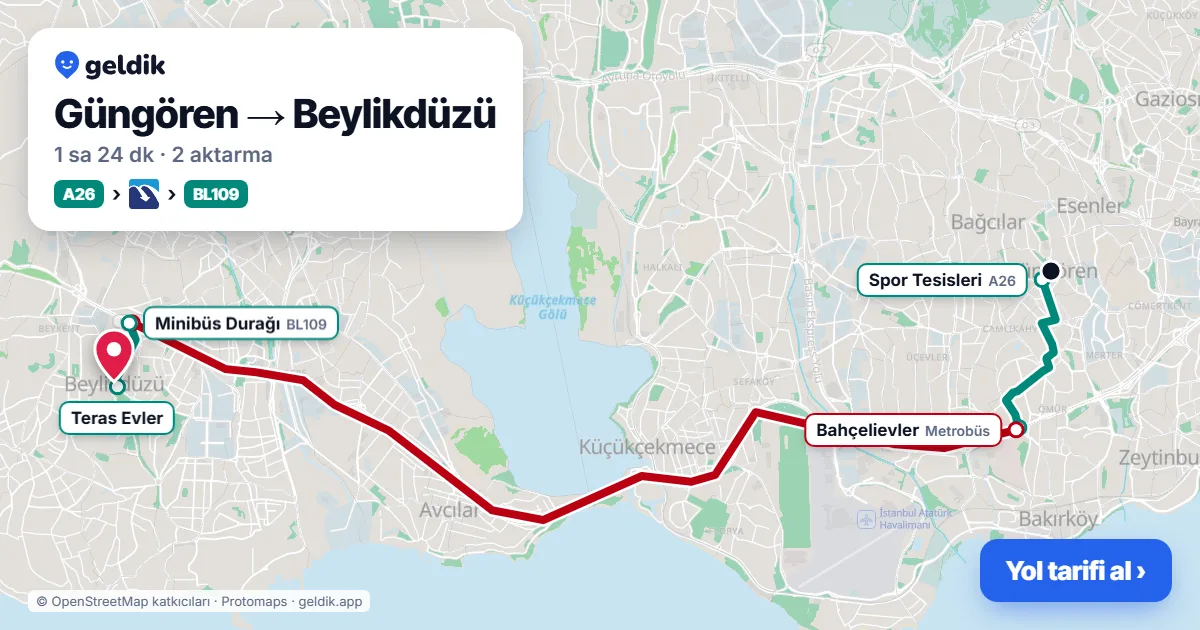 Güngören – Beylikdüzü yol haritası: A26 minibüsü → Metrobüs → BL109 minibüsü ile ~1 sa 24 dk