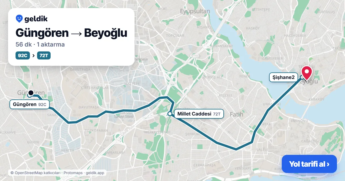 Güngören – Beyoğlu yol haritası: 92C otobüsü → 72T otobüsü ile ~54 dk