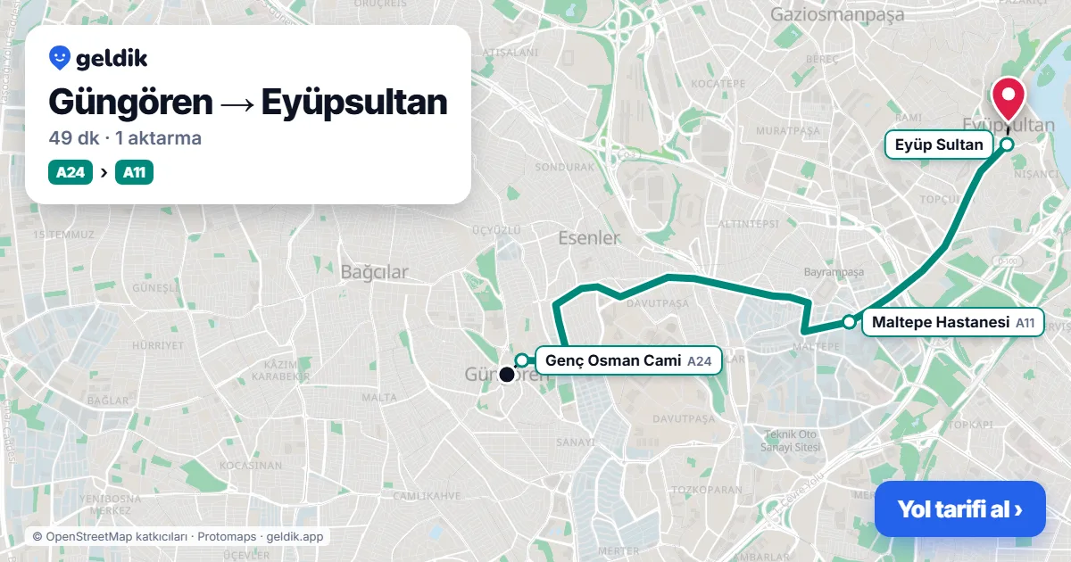 Güngören – Eyüpsultan yol haritası: A24 minibüsü → A11 minibüsü ile ~49 dk