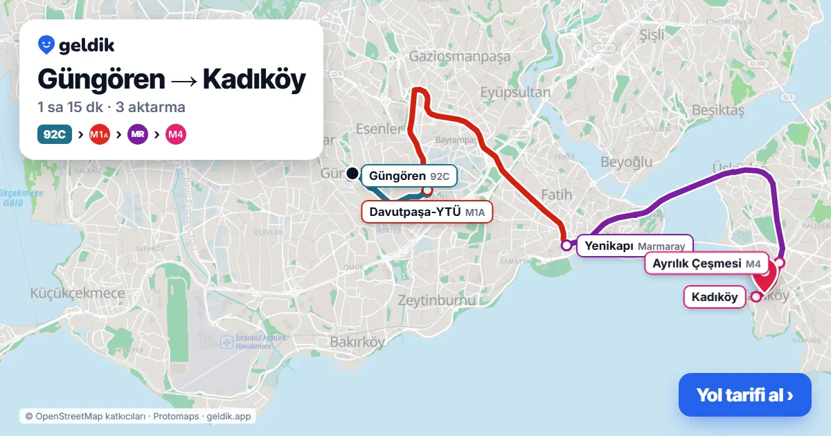 Güngören – Kadıköy yol haritası: 92C otobüsü → M1A → Marmaray → M4 ile ~1 sa 15 dk