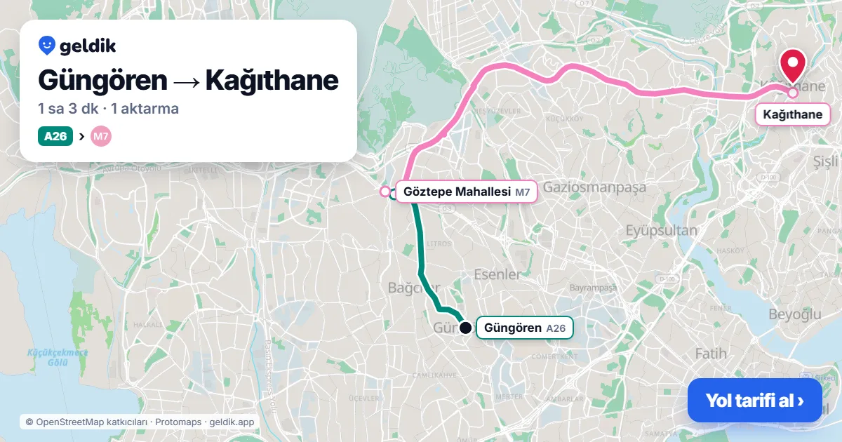 Güngören – Kağıthane yol haritası: A26 minibüsü → M7 ile ~1 sa 3 dk
