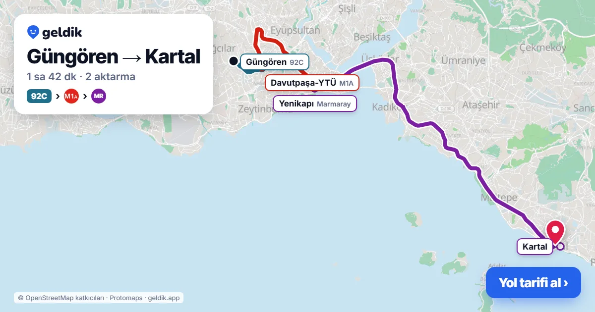 Güngören – Kartal yol haritası: 92C otobüsü → M1A → Marmaray ile ~1 sa 42 dk