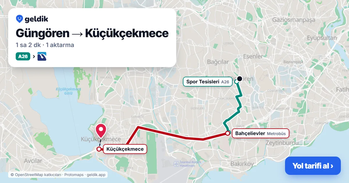 Güngören – Küçükçekmece yol haritası: A26 minibüsü → Metrobüs ile ~1 sa 2 dk