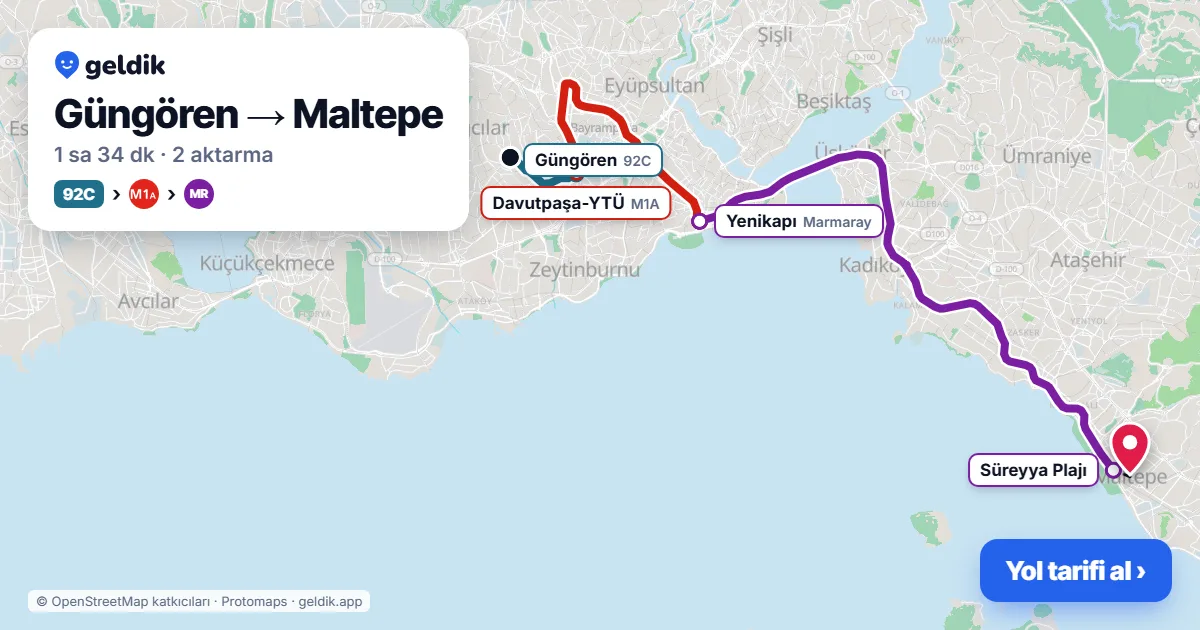 Güngören – Maltepe yol haritası: 92C otobüsü → M1A → Marmaray ile ~1 sa 34 dk