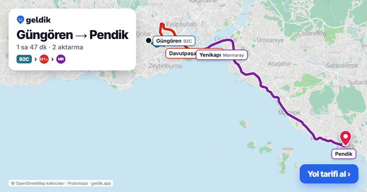 Güngören – Pendik yol haritası: 92C otobüsü → M1A → Marmaray ile ~1 sa 47 dk
