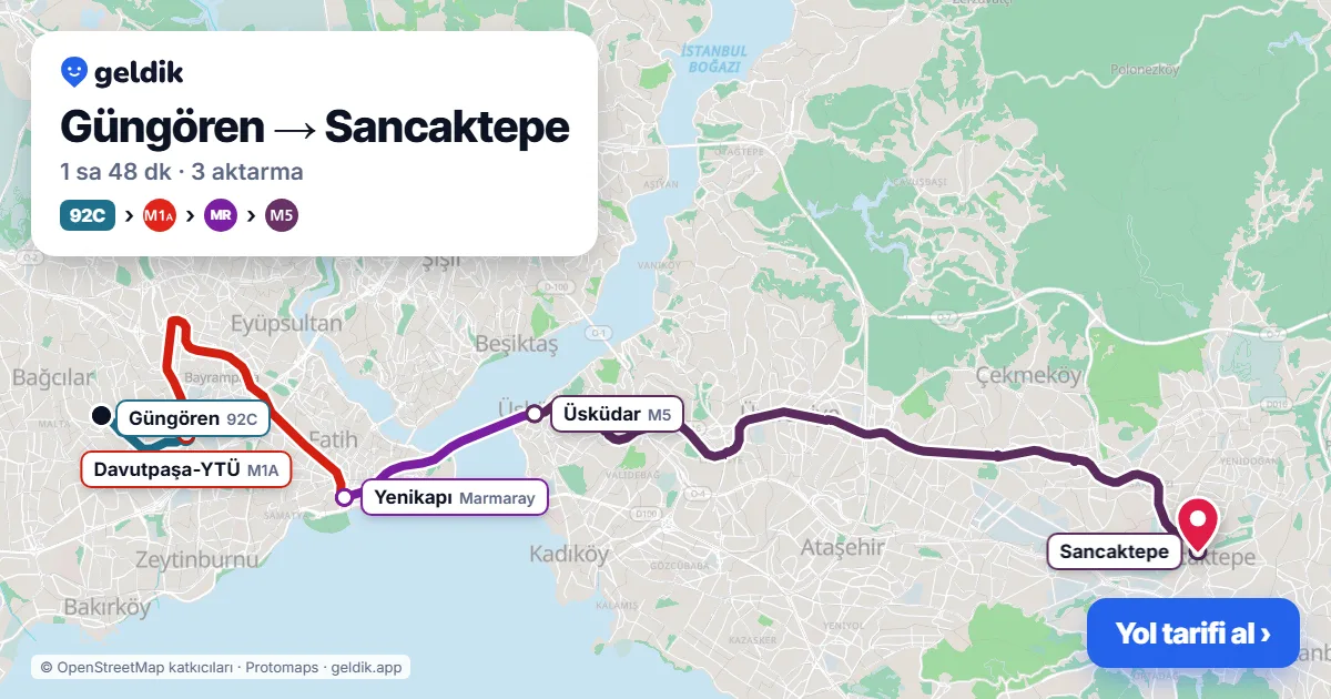 Güngören – Sancaktepe yol haritası: 92C otobüsü → M1A → Marmaray → M5 ile ~1 sa 48 dk