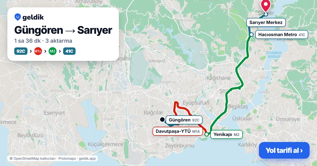 Güngören – Sarıyer yol haritası: 92C otobüsü → M1A → M2 → 41SF otobüsü ile ~1 sa 37 dk