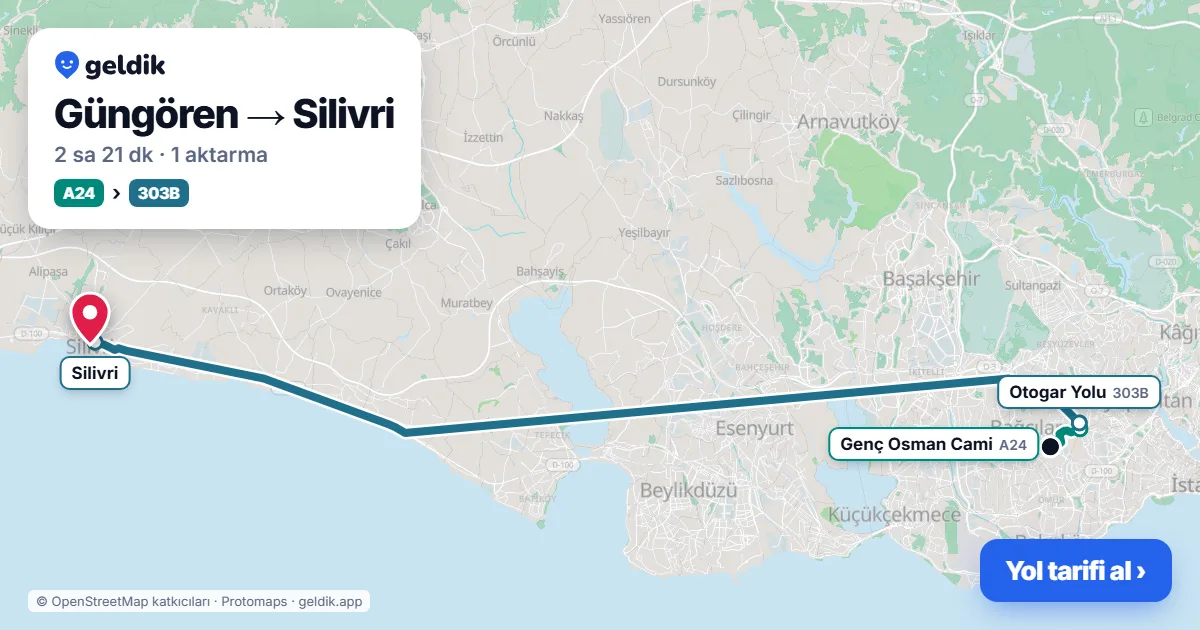 Güngören – Silivri yol haritası: A24 minibüsü → 303B otobüsü ile ~2 sa 21 dk