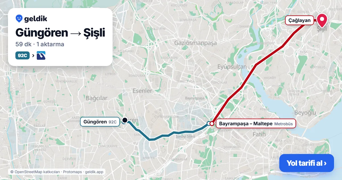 Güngören – Şişli yol haritası: 92C otobüsü → Metrobüs ile ~59 dk