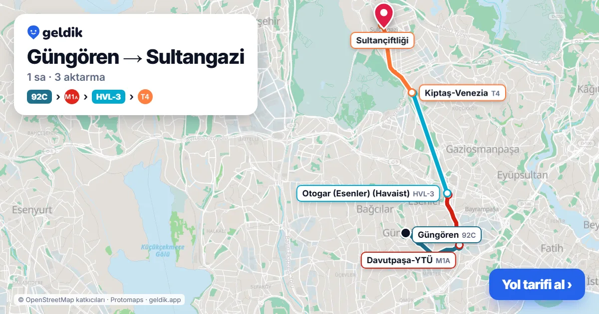 Güngören – Sultangazi yol haritası: 92C otobüsü → M1A → Havaist HVL-3 otobüsü → T4 ile ~1 sa