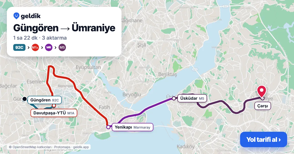 Güngören – Ümraniye yol haritası: 92C otobüsü → M1A → Marmaray → M5 ile ~1 sa 22 dk