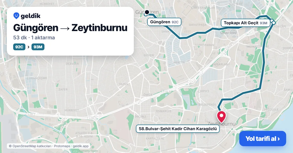Güngören – Zeytinburnu yol haritası: A30 minibüsü → A72 minibüsü → 93M otobüsü ile ~56 dk
