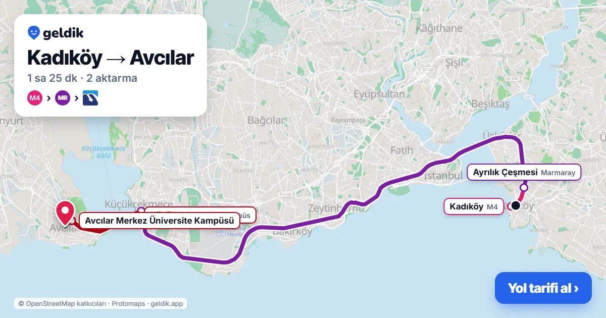 Kadıköy – Avcılar yol haritası: M4 → Marmaray → Metrobüs ile ~1 sa 25 dk