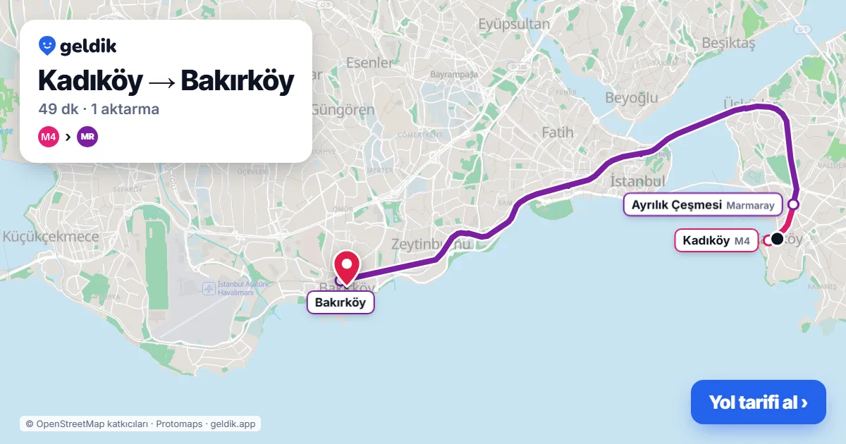 Kadıköy – Bakırköy yol haritası: M4 → Marmaray ile ~49 dk